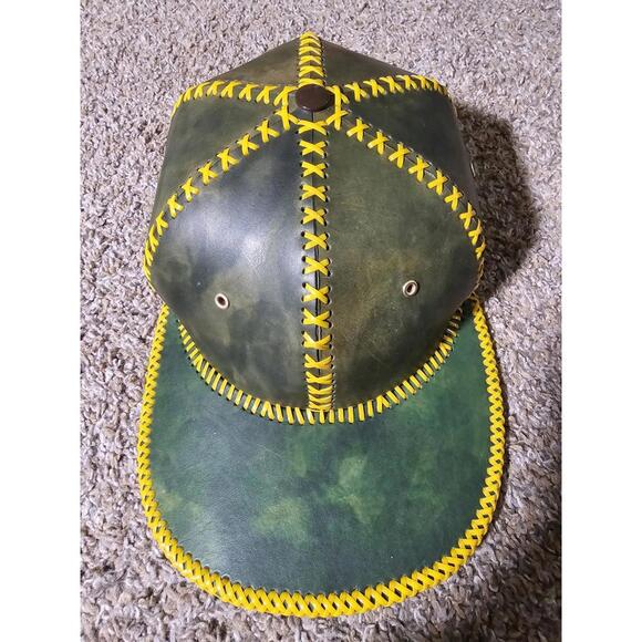 Custom Handmade Leather Strapback Hat Yellow Plastic Stitch